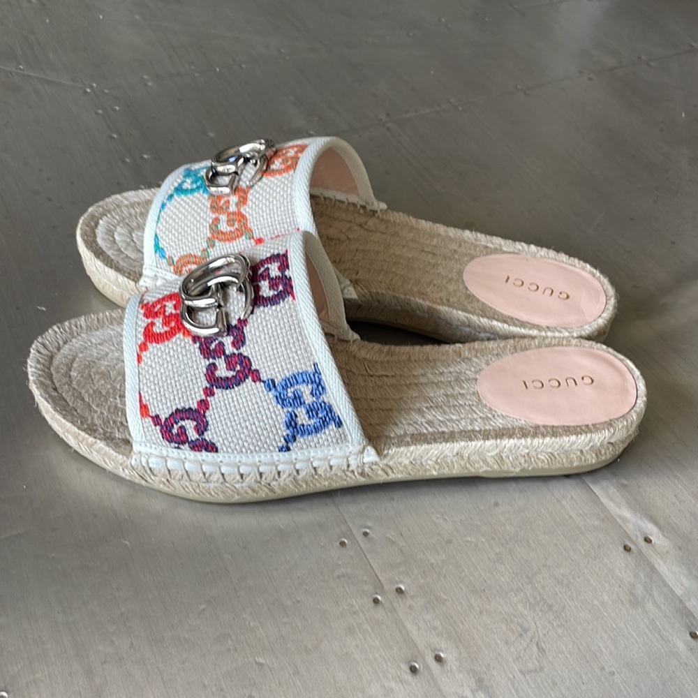 Gucci White Canvas Slide Sandals with Multicolor GG Motif - Picture 6 of 11